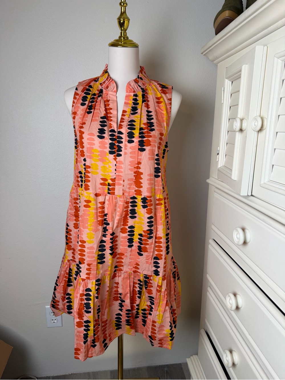 Sugarlips Coral-Pink Tiered Sleeveless Dress with Yellow & Black Print
